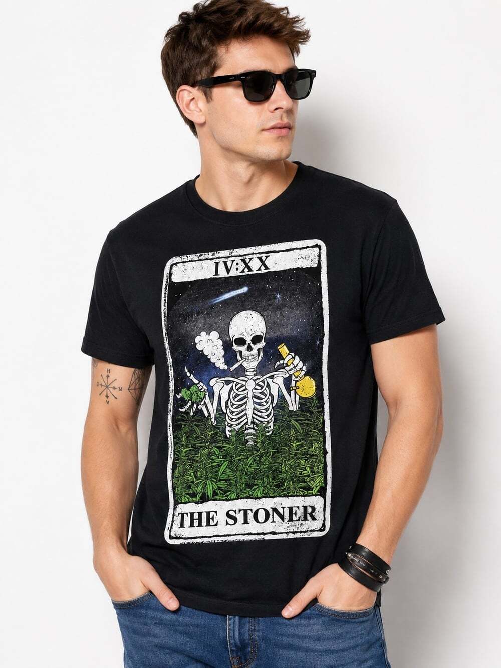 Spencer’s Black The Stoner Skeleton Short Sleeve T-Shirt Adult Tarot Sz XL  L100